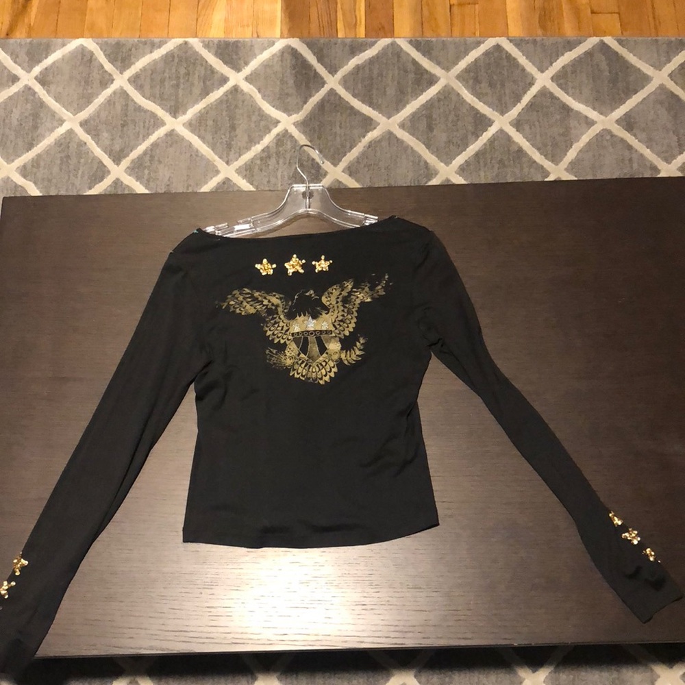 Roberta Scarpa Dark olive with blue stitching long sleeve shirt with gold design
